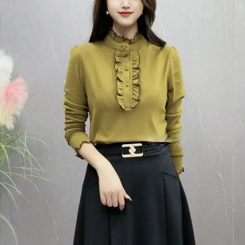 Korean Stand Collar Folds Spliced Shirt Autumn Winter Basic Solid Color Women's Clothing Stylish Edible Tree Fungus Slim Blouse