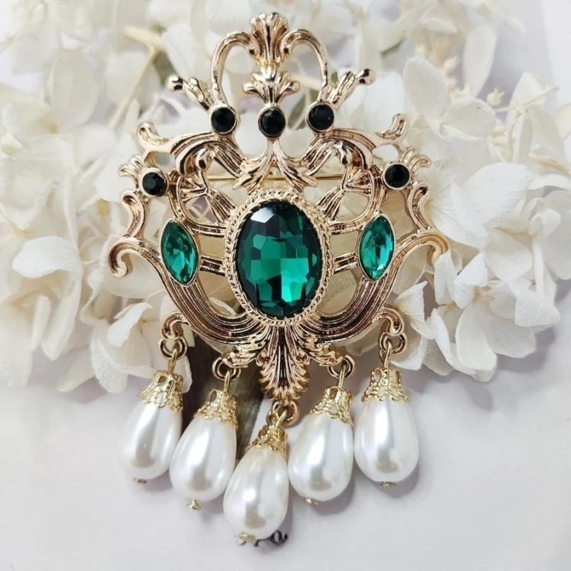 Vintage Emerald Baroque Brooch Antique Tassel Pearl Accessories