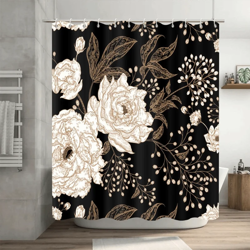 

Waterproof Floral Botanical Pattern Shower Curtain Luxury Black Background Bathroom Decor Tapestry 180x180cm