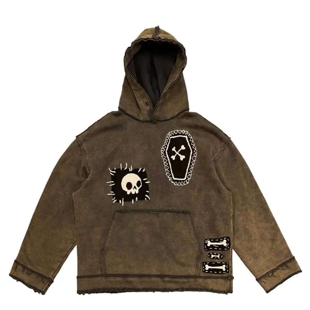 Stylish Washed Hoodie with Patchwork Design 450g Heavyweight Comfortable Casual Sweatshirt