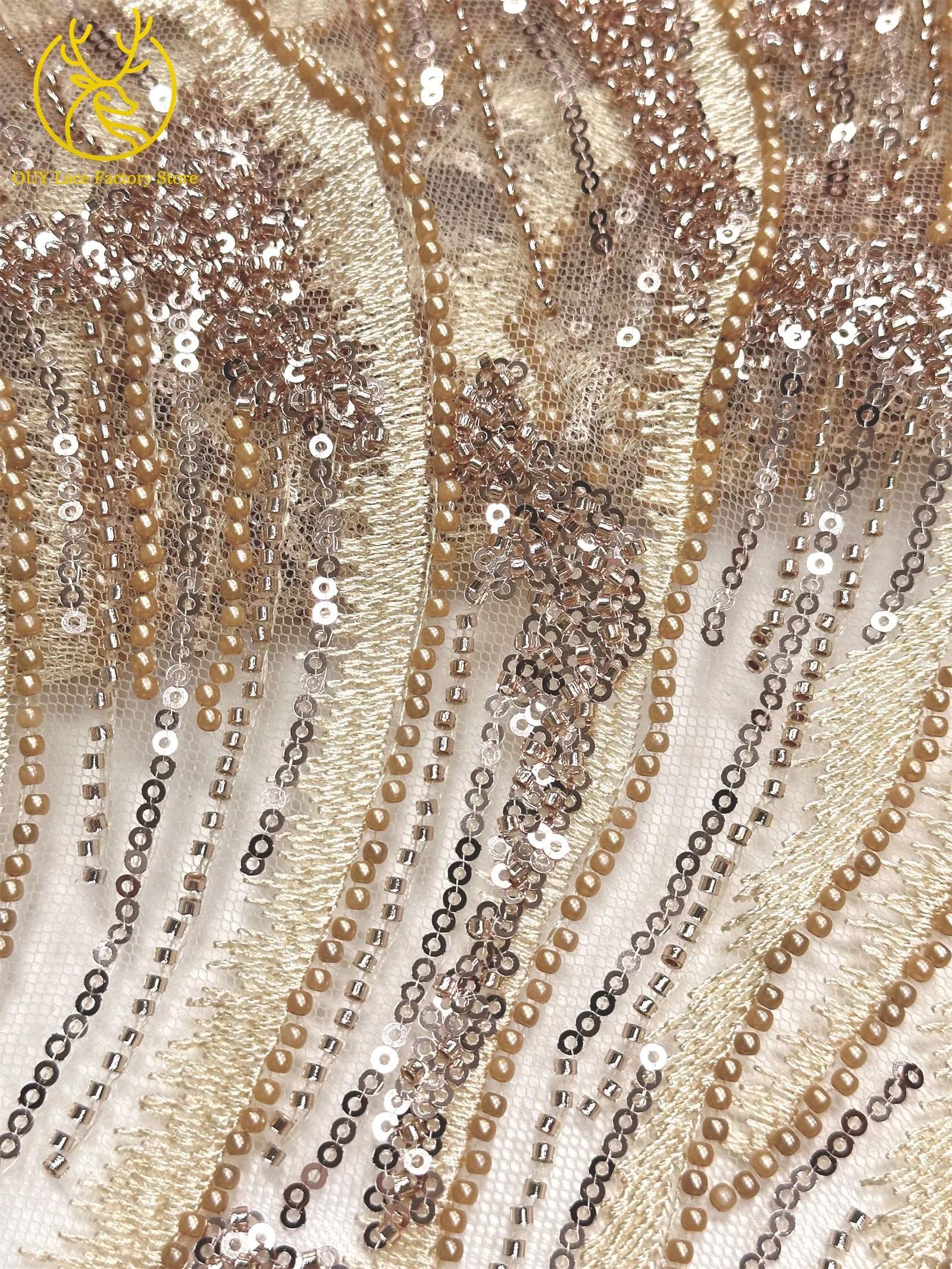 Afrikanischer Brautkleid-Spitzenstoff mit Stickerei und Perlen, französischer Netzspitzenstoff, nigerianischer Tüllspitzenstoff für Hochzeitskleider und Partykleider zum Nähen – Detail 16