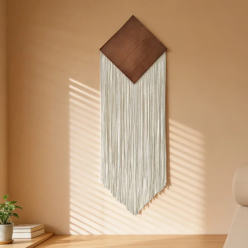 Cotton Rope Woven Vertical Tassel Tapestry Decorated with Rhombic Wood Wall-hung Bohemian Hotel Wall Decorative Tapestry