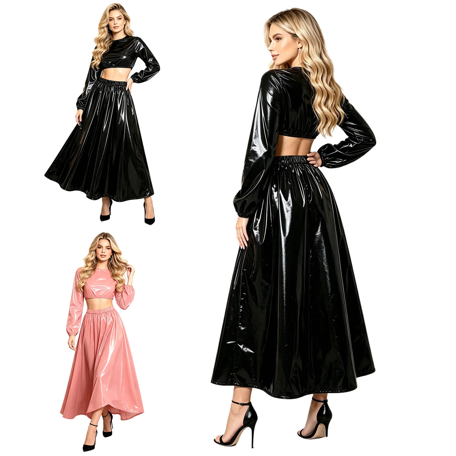 Womens Waterproof 2-piece Outfit Long Sleeve Back Zipper Crop Sweat Top and Swing Hem Maxi Skirt for EDM Music Festival Carnival