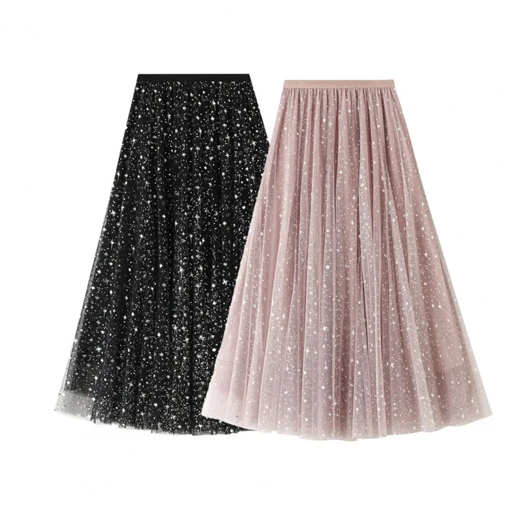 

Women A-line Tulle Skirt Sequins Star Print Tulle A-line Skirt High Waist Lace Pleated Midi Skirt Women's Elastic for Every