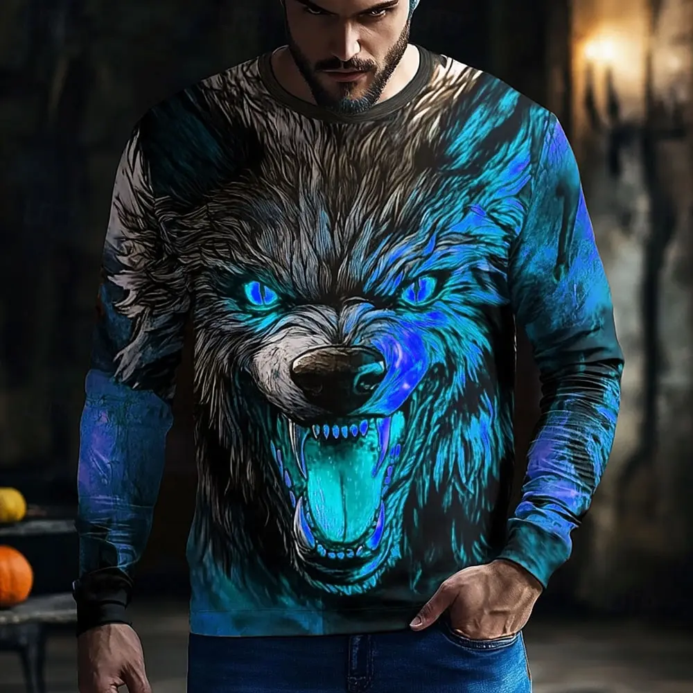 

2025 Fall Halloween Werewolf Printed Long Sleeve T-Shirts for Men Trendy Streetwear Casual Tops Halloween Theme Casual Tees