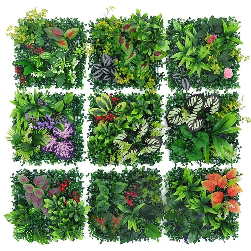 Artificial Plant Rattan Fake Panel Lawn Simulation 10X10in Green Leaf Grass Mesh Grille Wall Decoration Outdoor Indoor Garden