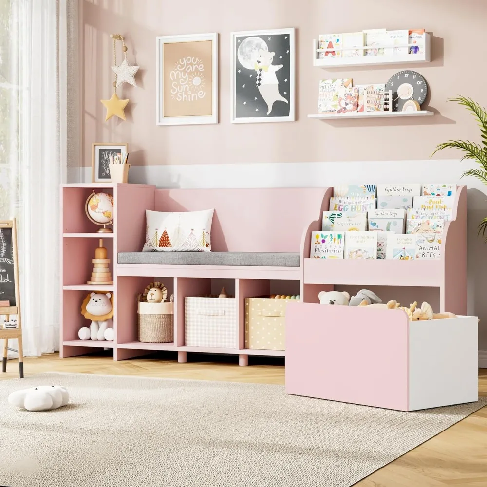 67" Kinder-Lesecke mit Bank, Kinder-Bücherregal und Bücherregal mit Sitzkissen und 6 Aufbewahrungsboxen, Spielzeug-Aufbewahrungsbox auf Rädern