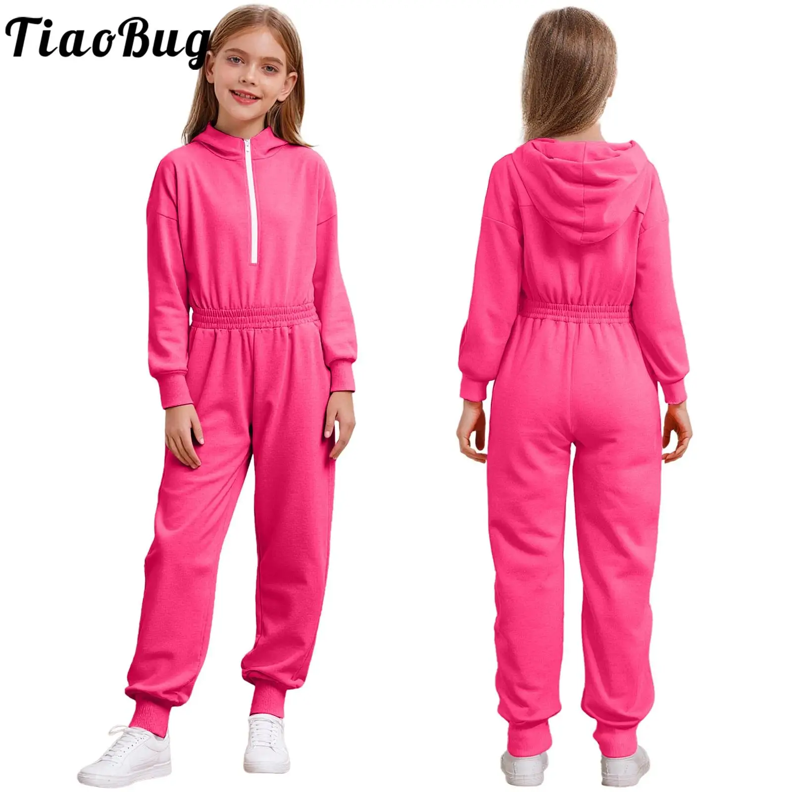 

Teen Girls Casual Hooded Jumpsuit Front Zipper Long Sleeve Elastic Waist Rompers with Pockets Hip Hop Jazz Dance Streetwear