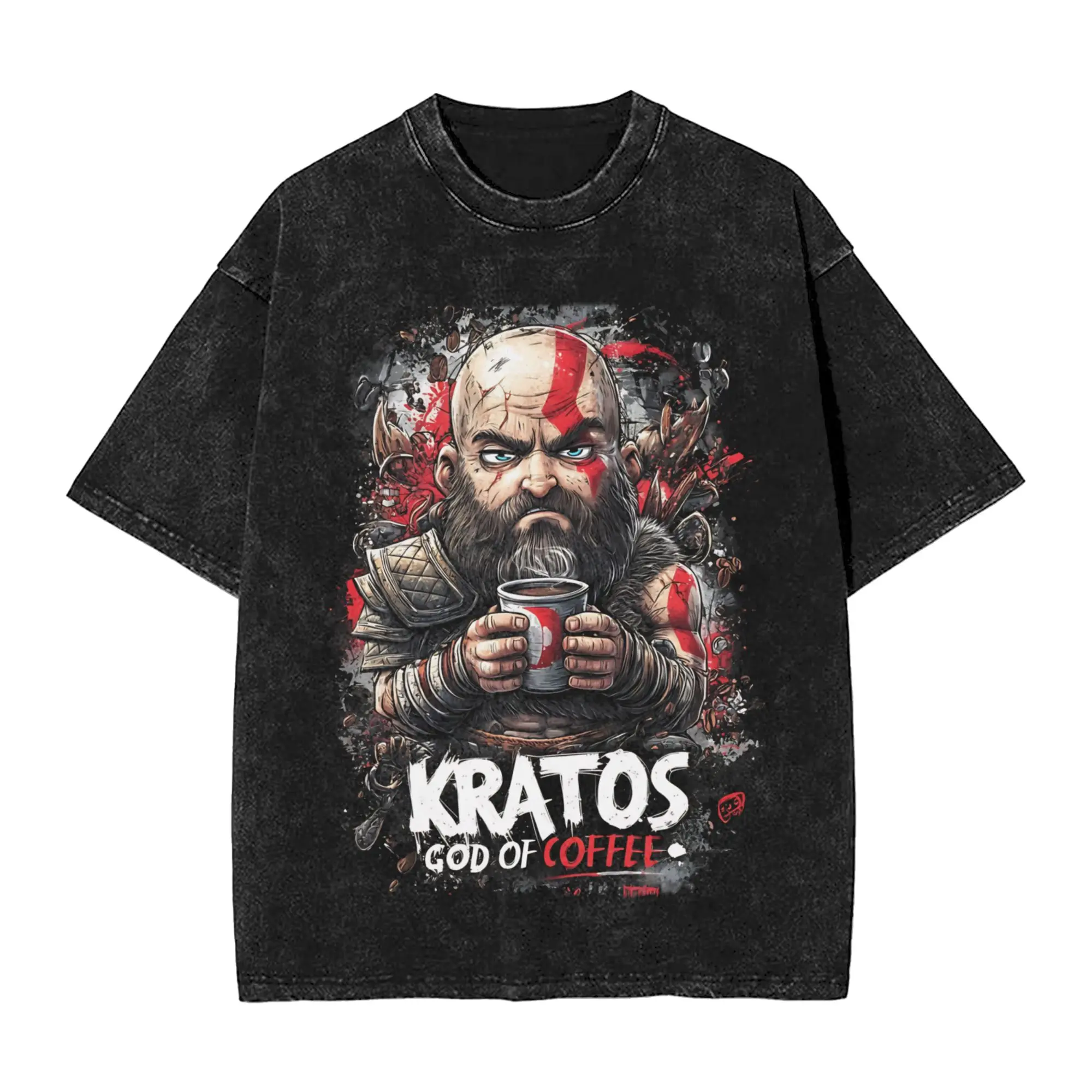 Kratos God of Coffee God of War Outfit Washed T Shirts Men Women Streetwear Hip Hop T-Shirt Summer  Tee Shirt Cotton