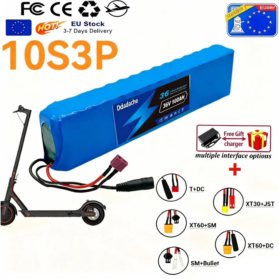Expédition en France Batterie au lithium 36V 100ah 18650 10s3p 100000mAh 1000w 42V Batterie de scooter électrique avec pack de batteries