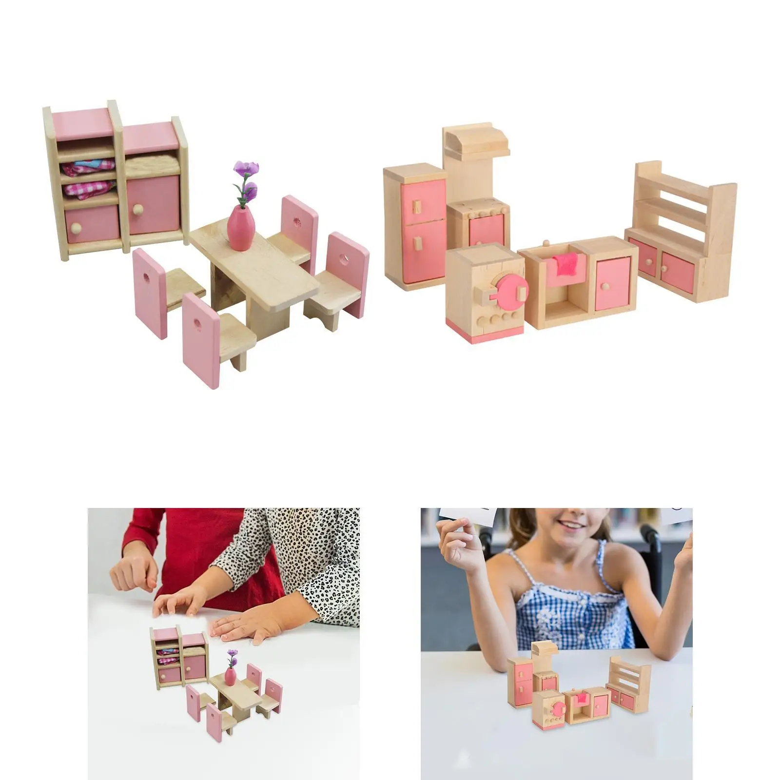 Wooden Dollhouse Furniture Set Kids Toy Scene Props Dollhouse Decoration Birthday Gifts Hobby Crafts for Toddler 3+ Girls Kids