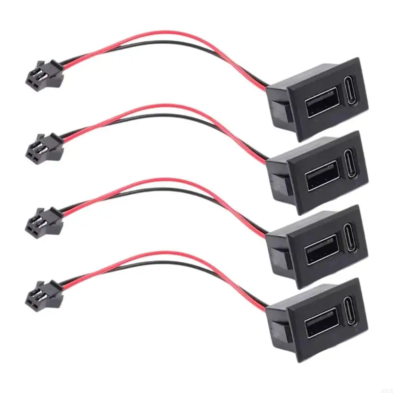 Two-Port Panel USB Power Socket, USB C and USB A Charging Port for Fairing or Dashboard Panel Installation, Pack of 4 Black Set