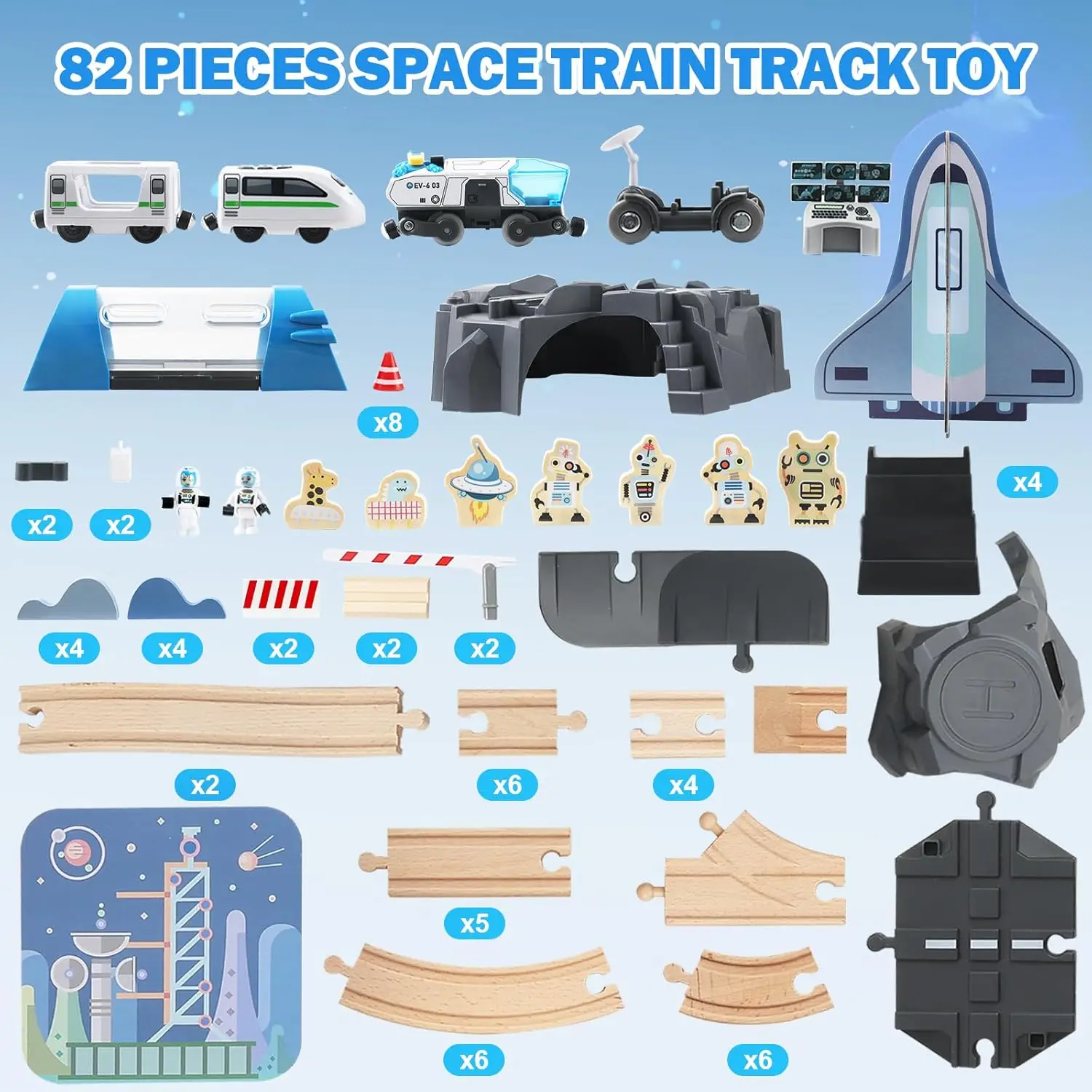 Ensemble de train en bois pour tout-petits, train magnétique avec rail pour enfants de 3 à 6 ans, compatible avec les grandes marques, chemin de fer spatial, 82 pièces