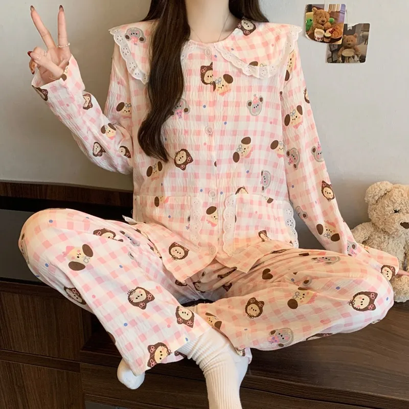 

Комплект женской пижамы в корейском стиле: кружево, клетка, принт с кошками. Милый, нежный, весенний, новинка 2026 года. Модный повседневный мягкий домашний костюм из 2 предметов.