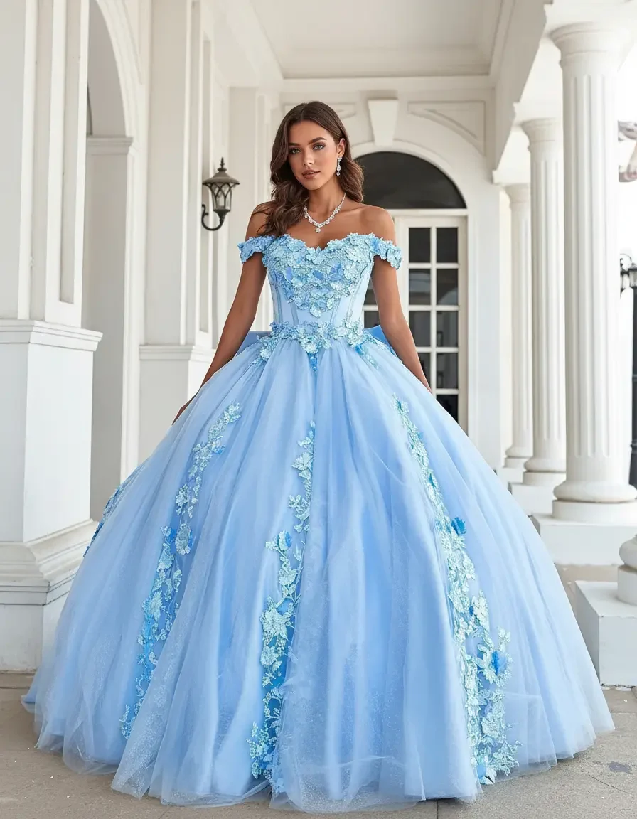 Women Light Blue Off Shoulder Floral Tulle Ball Gown Quinceanera Graduation Party Stage Contest Wedding Guest Evening Dress