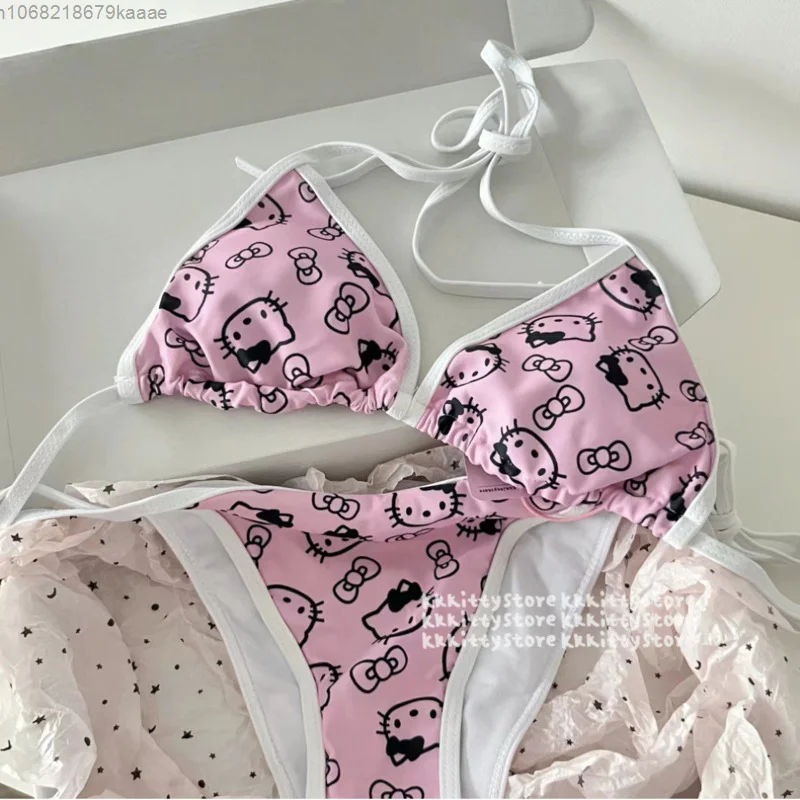 Sanrio Hello Kitty Cute Bikini Set Women Sweet Sexy Swimming Suit Cartoon Korean Style Y2k Briefs Underwear 2 Pieces Swimsuit