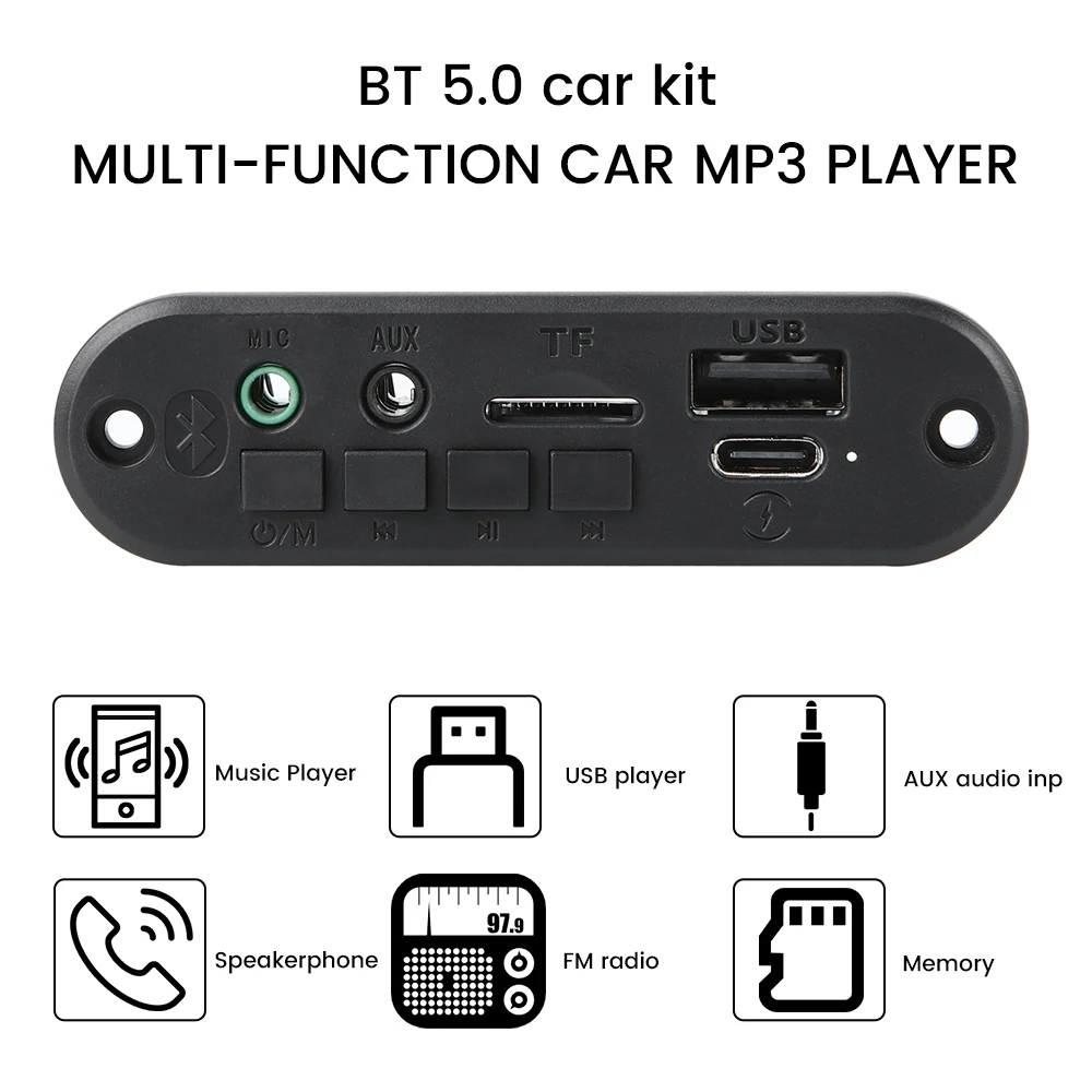 

2*3W Amplifier Bluetooth 5.0 MP3 WAV APE Decoder Board 12V DIY MP3 Player Car FM Radio TF USB Microphone Record Handsfree Call