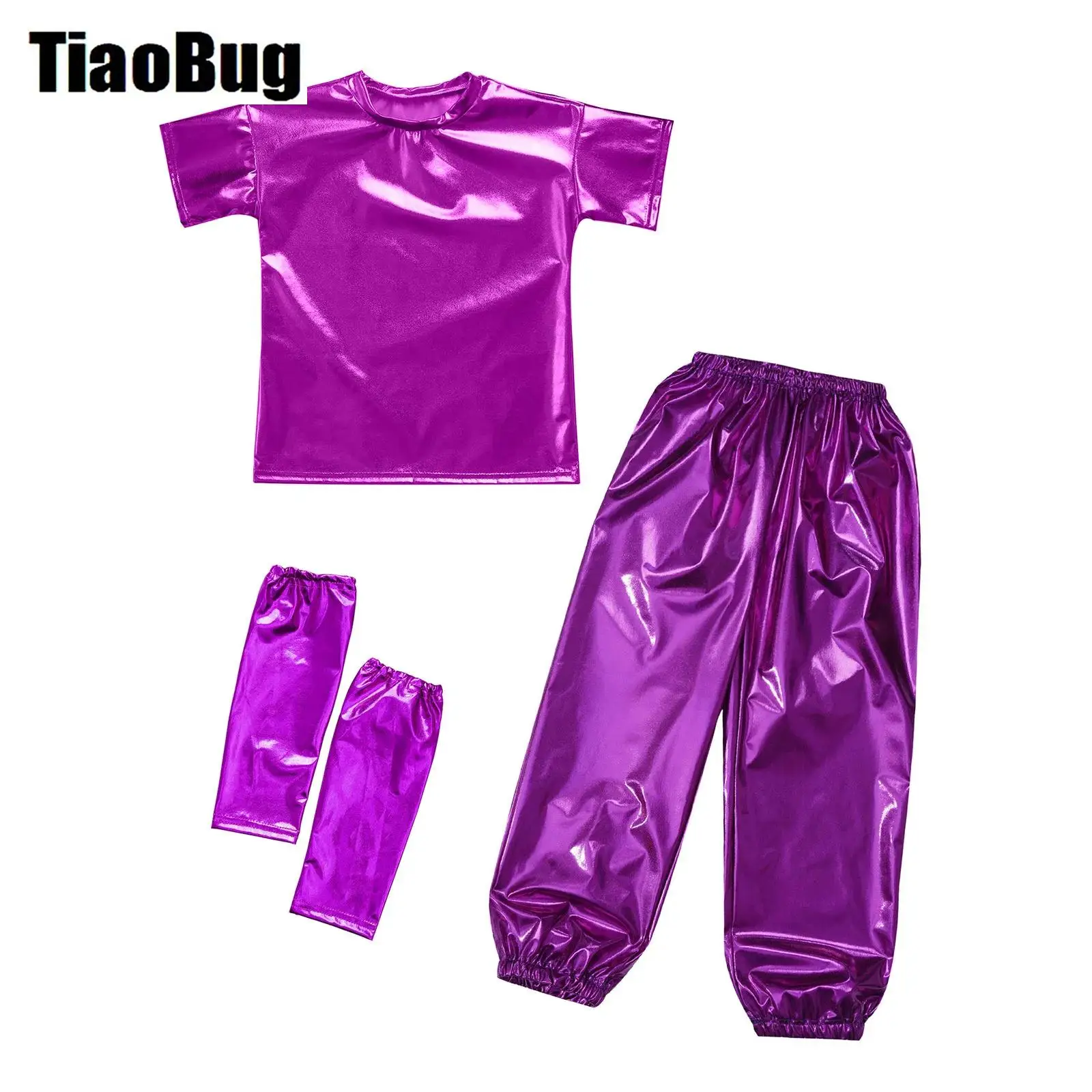 Jungen Mädchen Hip-Hop Jazz Dance Outfits Kostüm Kurzarm Metallic Shiny T-Shirt mit Hosen Handschuhe für Performance Dancewear