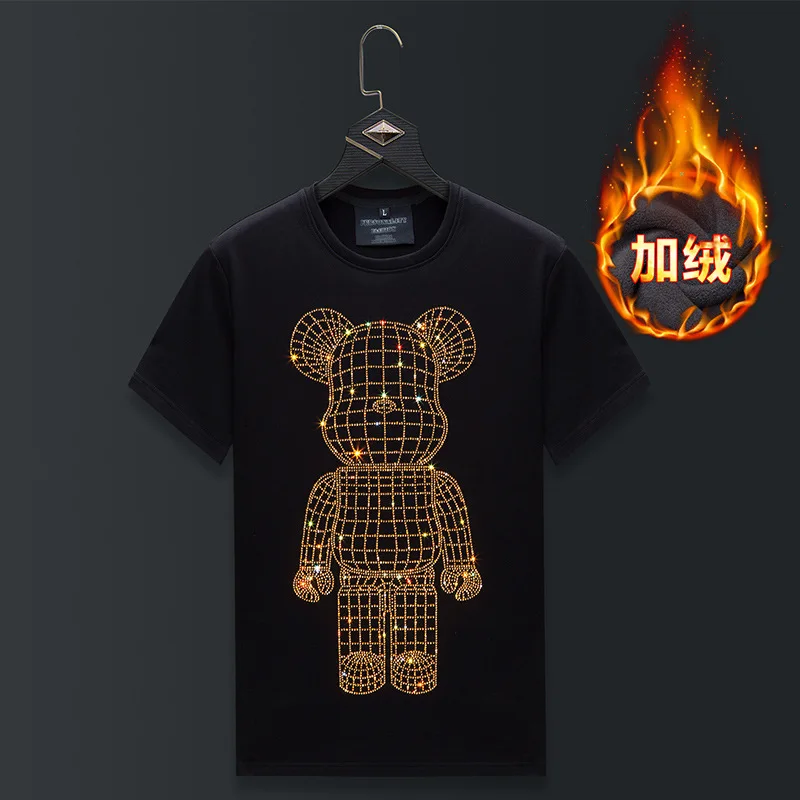 Plus Size Short Sleeve O Neck Thick Velvet T Shirt Men Winter Clothes Bear Pattern Streetwear Rhinestones Heat Tshirts Camisetas