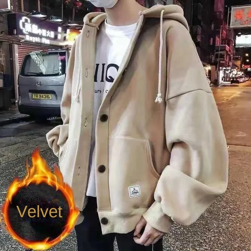 

Autumn Korean Sweatshirts for Men Casual Zip Up Hoodies Loose Coat Street Thick Warm Fashion Hip Hop Cardigans Hooded Jacket