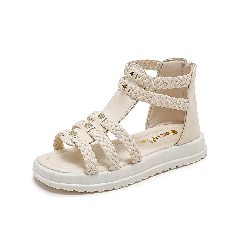 Sandalias de verano para niñas, zapatos romanos de tejido plano, antideslizantes, versátiles, de Color sólido, estilo coreano, de PU, novedad de 2023