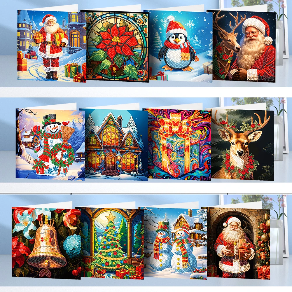 12Pcs Special Shape Christmas Santa Claus Diamond Handmade Card DIY Diamond Painting Card Gifts for Family Friends and Lover