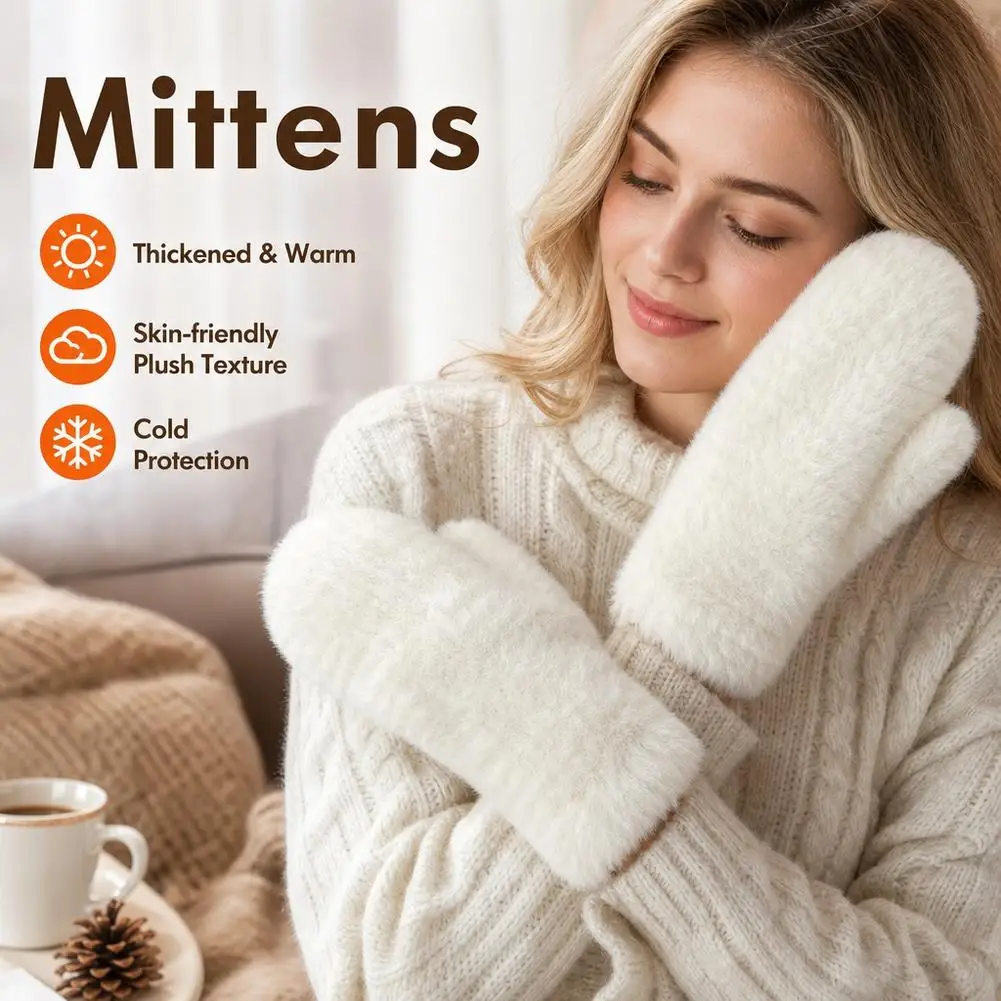 Women Winter Keep Warm Plus Cashmere Solid Color Woolen Elasticity Soft Full Fingers Mittens Girls Black Fur Knitted Cute Gloves