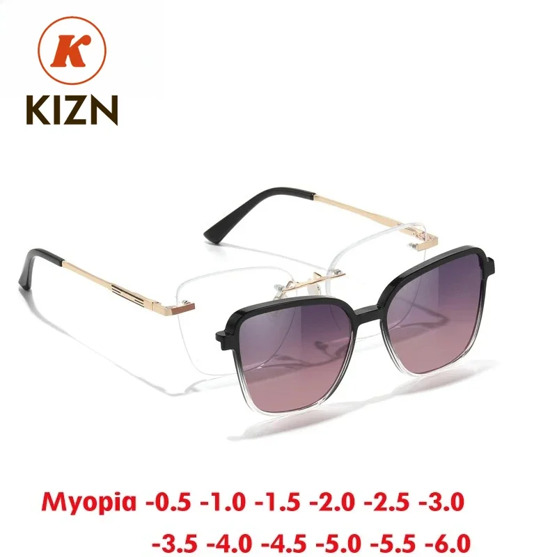 

KIZN 2 in 1 Rimless Frame Myopia Sunglasses Magnetic Clip Polarized Fashion Women Optics Prescription Glasses -0.50 to -10