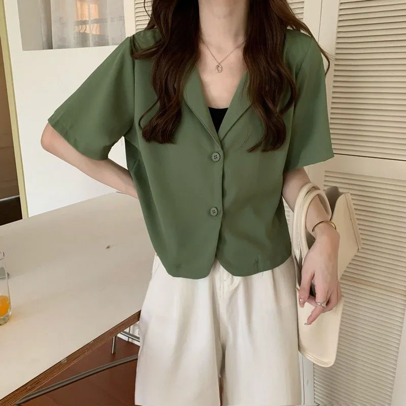 Casual Cropped White Blazers Women Korean Chic Two Buttons Suit Jacket Ladies 2024 Spring Summer Thin Short Sleeve Coats Woman