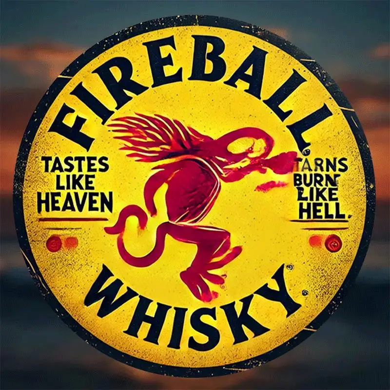 2D 1 قطعة، "Fireball Whisky" علامة معدنية كلاسيكية مستديرة 20.32 سم، لهب الويسكي، للمنزل والفن ديكور الحائط - مثالية للبار
