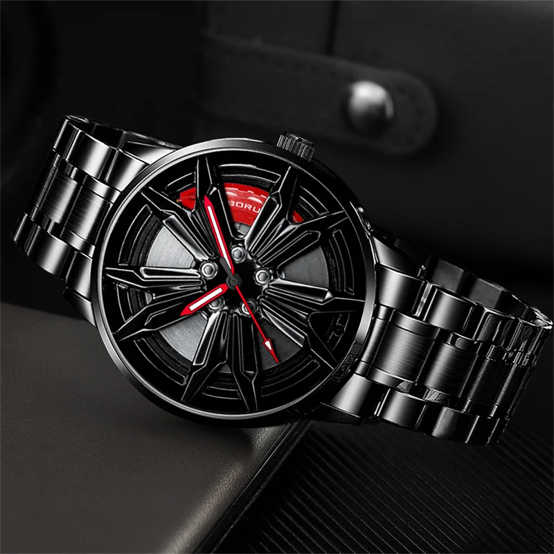 BORUSE 2024 Fashion Men\'s Car Wheel Watches for Men Sports Waterproof Quartz Wristwatch Stainless Steel Wheel Hub Watch