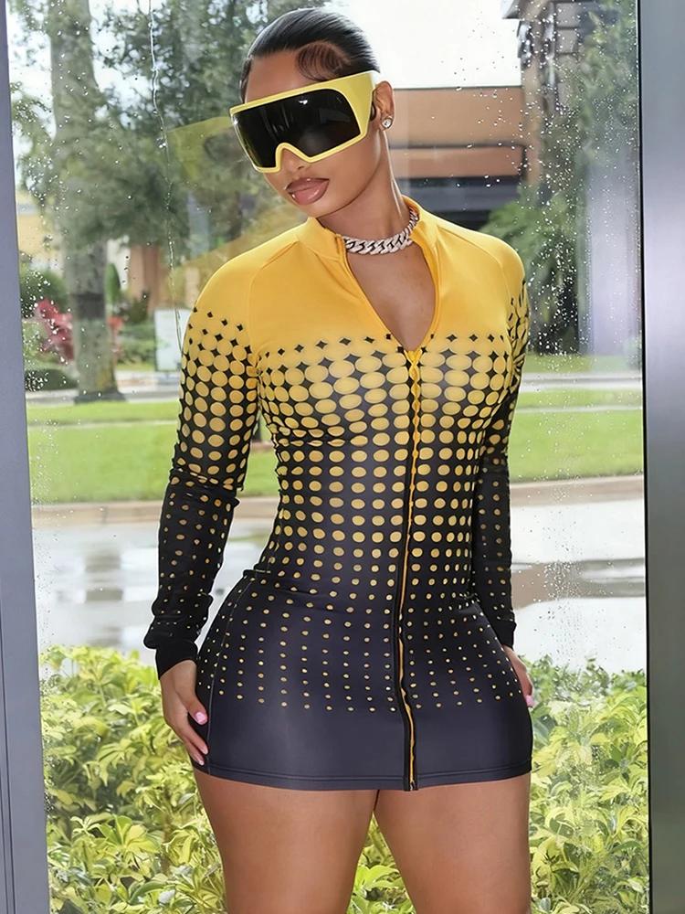 Kliou gradiente carta impressão mini vestido mulher outono tendência zip cardigan manga cheia magro estiramento rua sexy moda bodycon