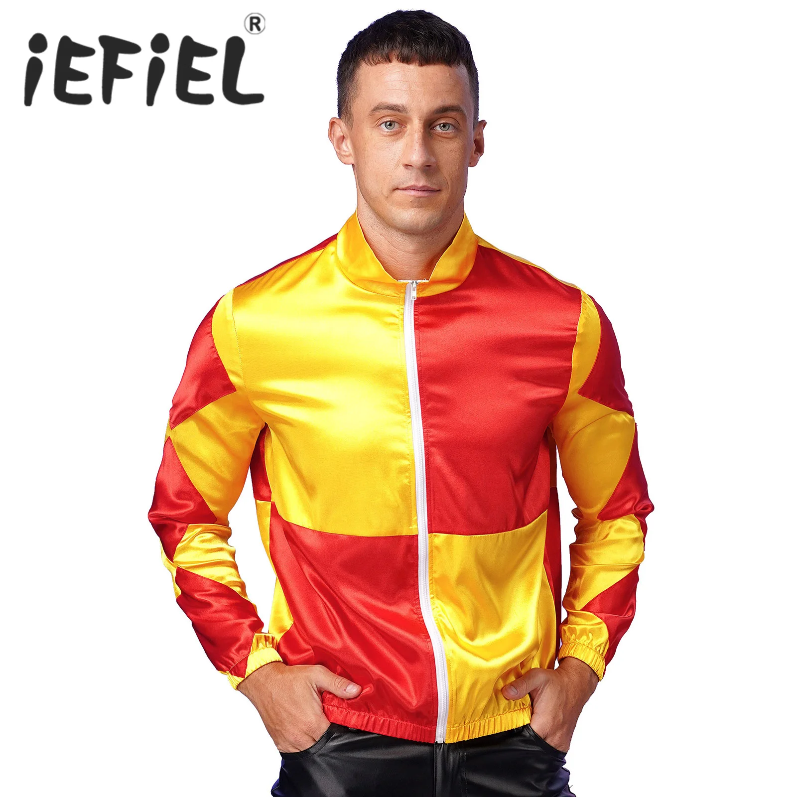 Mens Jockey Horse Costume Satin Jackets Front Zipper Contrast Checkerboard Outerwear Horse Trainer Halloween Cosplay Party Coat