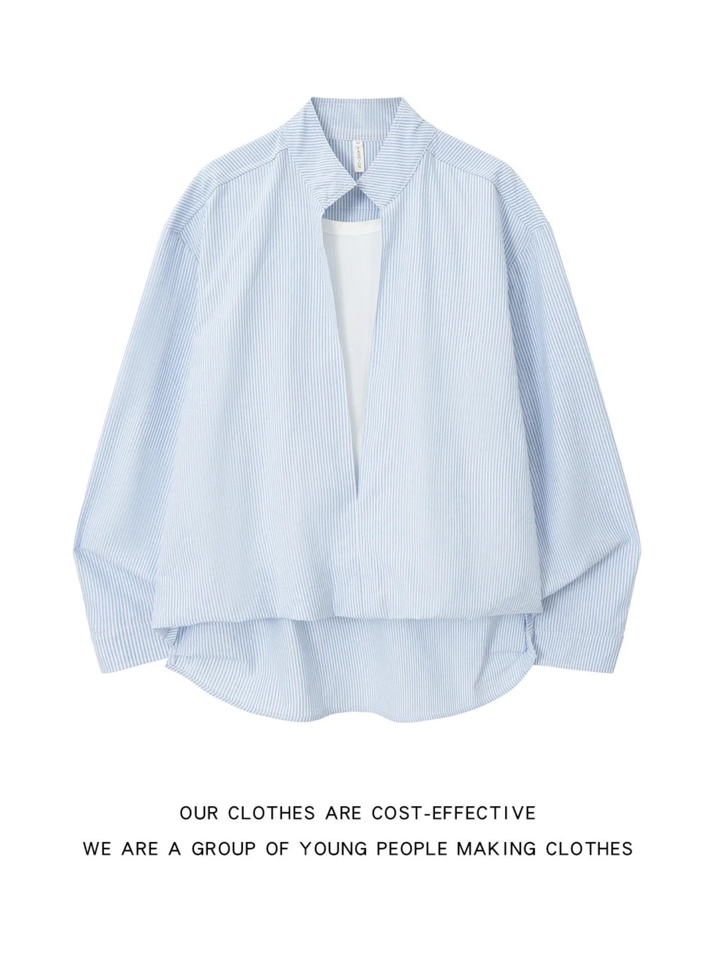 Loose Men's Blue Striped Shirt Casual Deep V-Neck Design Couple's Fake Two-Piece Long Sleeve Sunscreen Regular Fit Summer Shirt