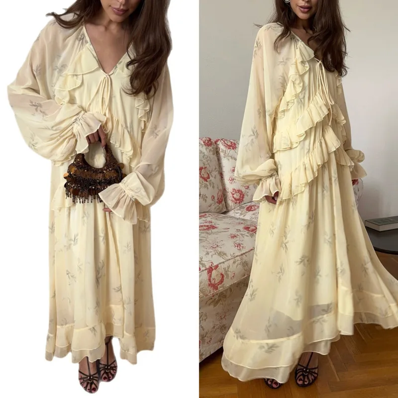 

French Dresses Ruffled Edges V-neck Mesh Dresses Women Y2K High Street Elegant Layered Straps Acation Loose Beach Dresses New