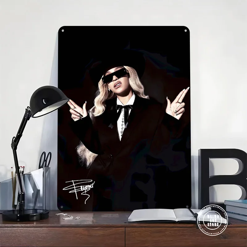 Beyoncé in Black Suit Personalized 3D Textured Metal Poster Wall Art Vintage Tin Signs for Decor Living Room Decoration Man Home
