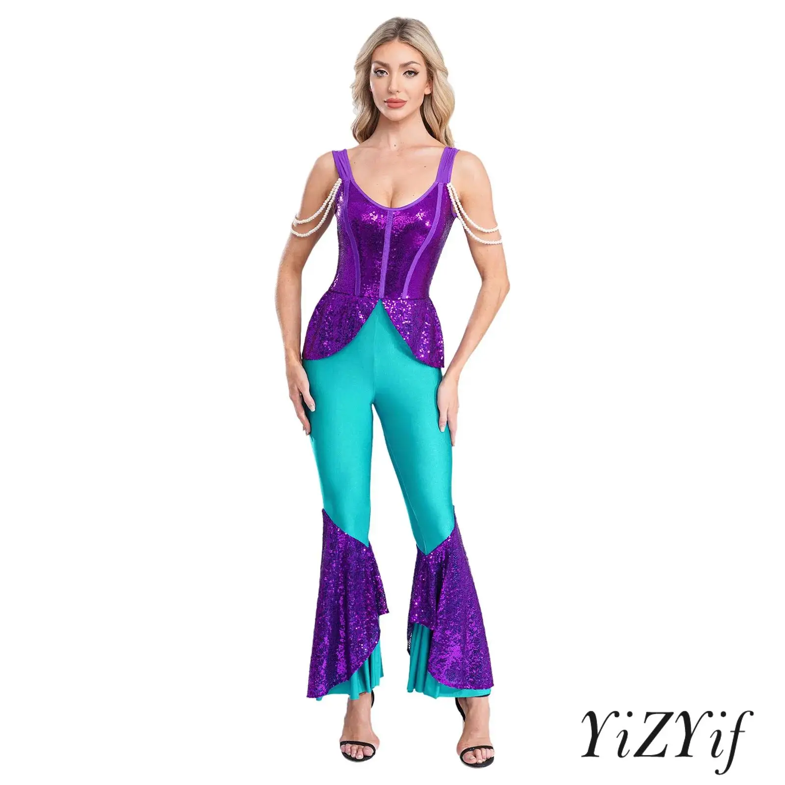 

Womens Halloween Mermaid Jumpsuit Faux Pearl Chains on Arms Sequined Mesh Patchwork Bell Pants Rompers for Ocean Themed Party