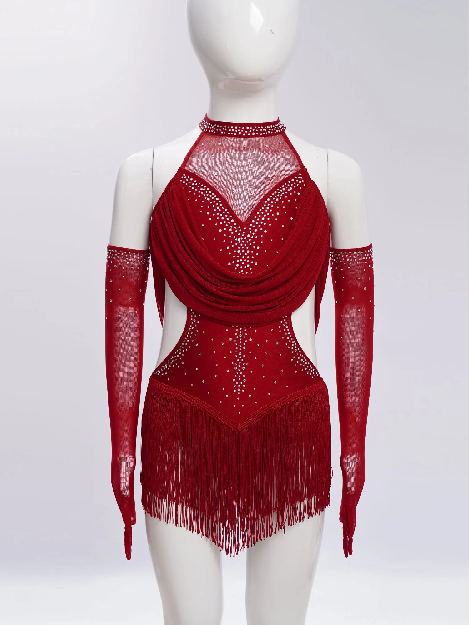 Girls Latin Dance Costume Tassel Leotard Dress Figure Skating Cha-cha Samba Tango Costume Ruched Mesh Bodysuit with Gloves Set