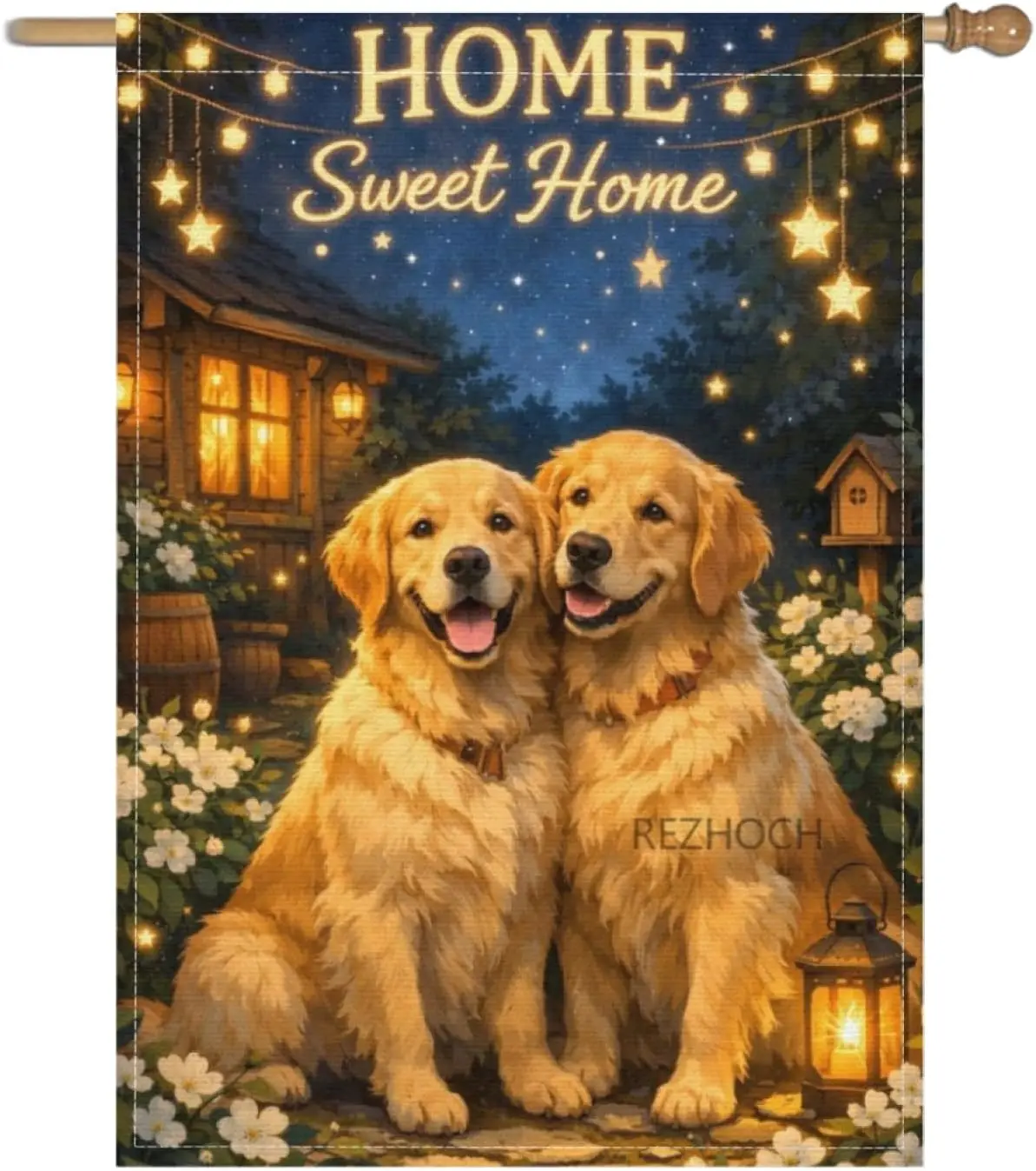 Fun Golden Retriever Dog Garden Flag 28x40Inch,Cute Animals Night Garden Scene,Home Sweet Home Warm Cottage Lights Floral Ya AAS