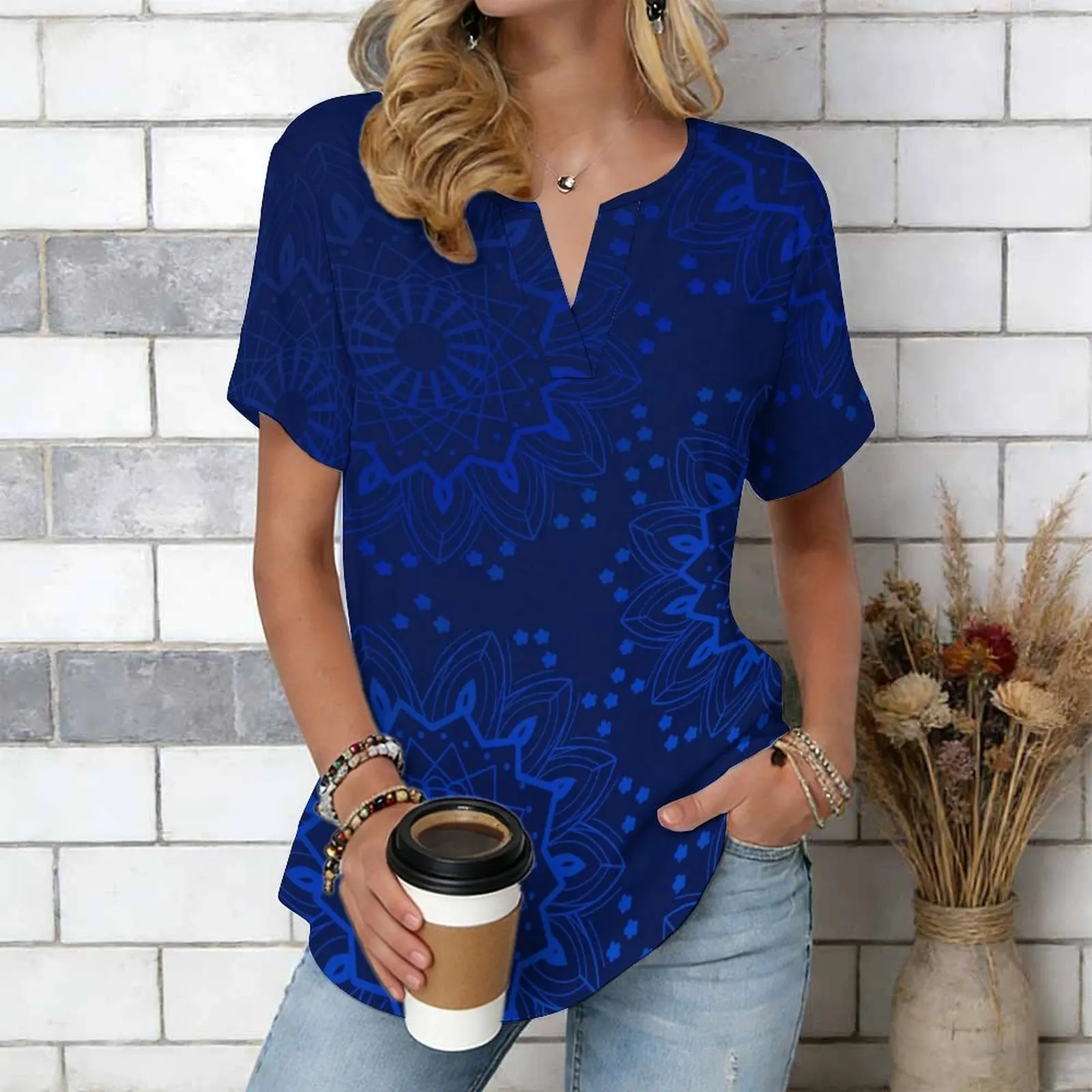 Women Print Notched V Neck Short Sleeve Casual Loose Tunic Tops