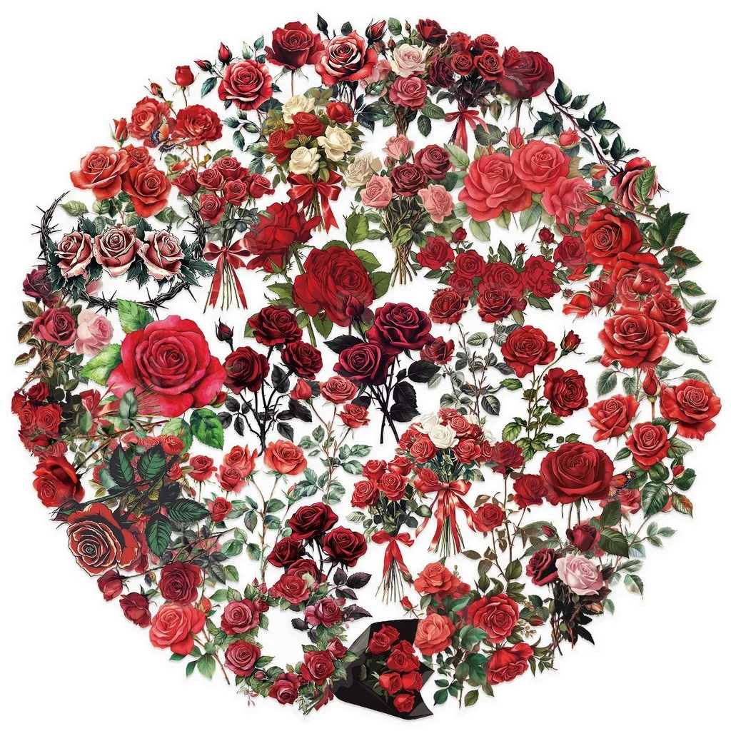 50PCS Transparent Vintage Red Rose Sticker Pack Waterproof Clear PET for Scrapbook Guitar Notebook Decor RecordingYourLife Store image 2