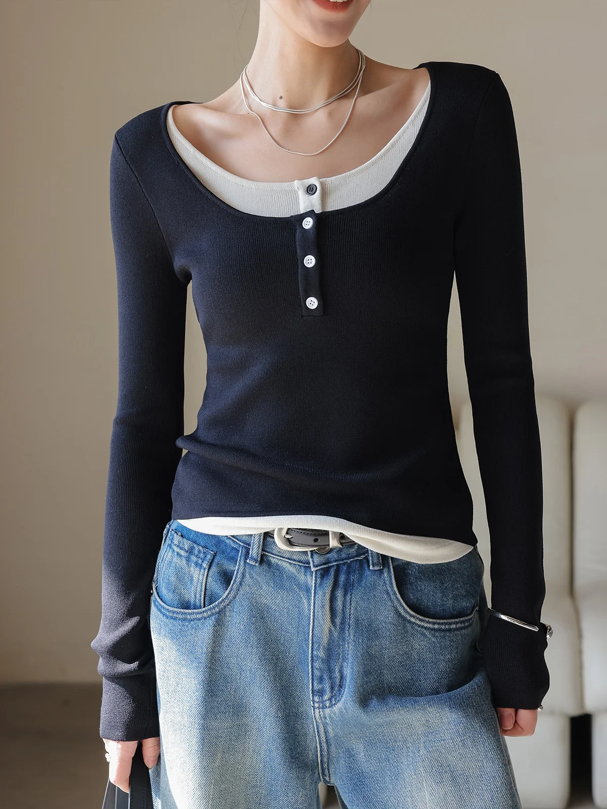 

JWUNIQUE Women's round Ne Long Sve Knitted Top Fake Two-Piece Base irt Spring Autumn New Sle Simple Commute Sle