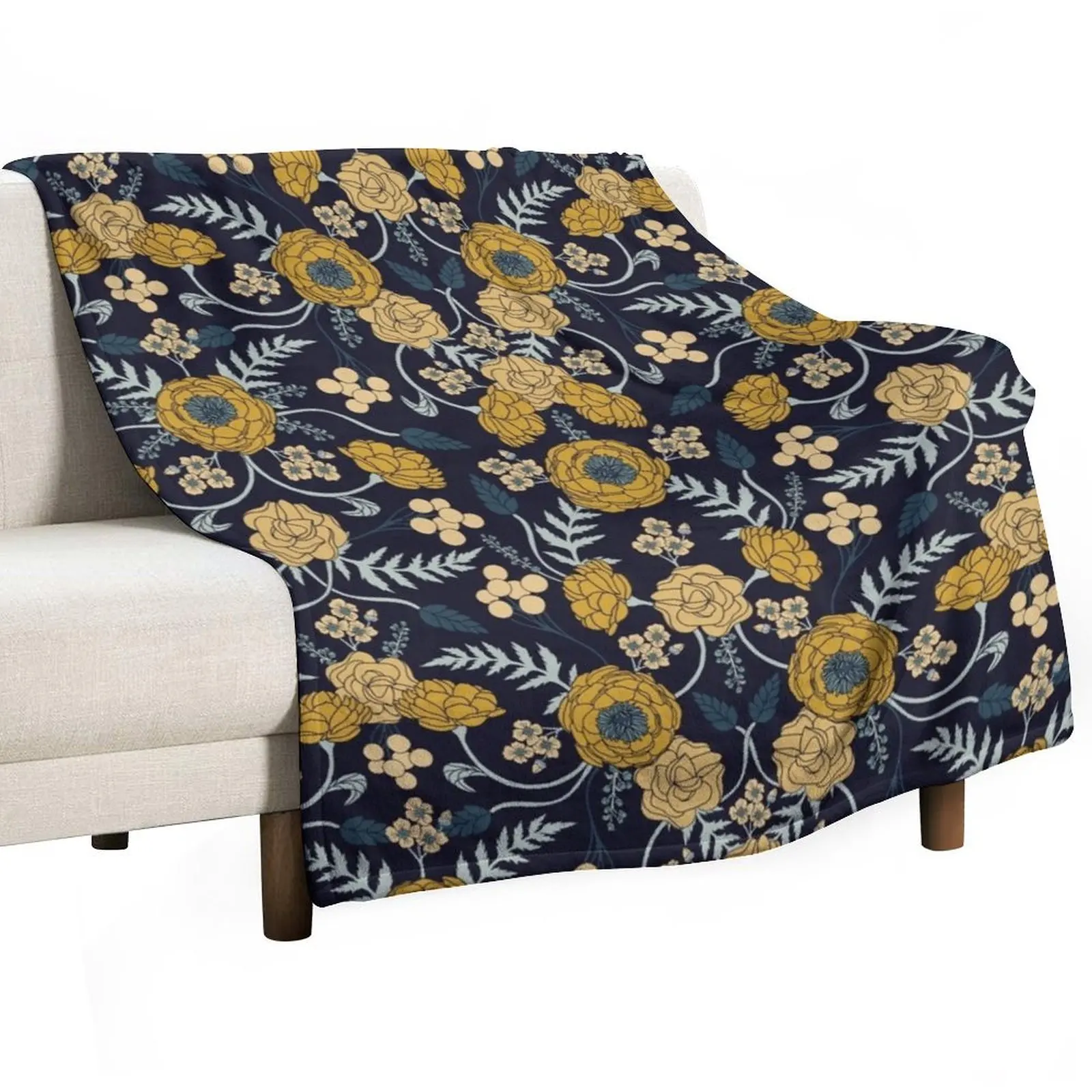 

Navy Blue, Turquoise, Cream & Mustard Yellow Dark Floral Pattern Throw Blanket Weighted Warm Designers Blankets