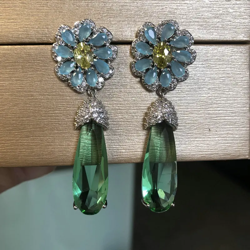 Bilincolor Fashion Blue Flower and Green Zirconia Dangling Drop Earring for Women