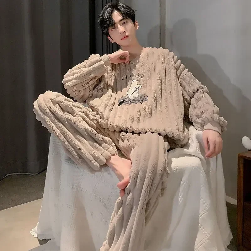 

Home Nightwear Clothes Suit Warm Velvet Men's Winter Two-piece Sleepwear Loose Pajamas Pijamas Cartoon Flannel Korean Thickened