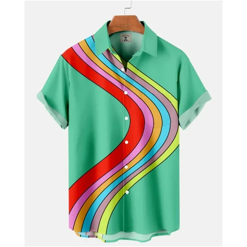 2024 Summer Oversized Romantic Men\'s Shirts Rainbow Pattern Fashion Short Sleeve Print Simple High Quality Street Loose Hawaiian