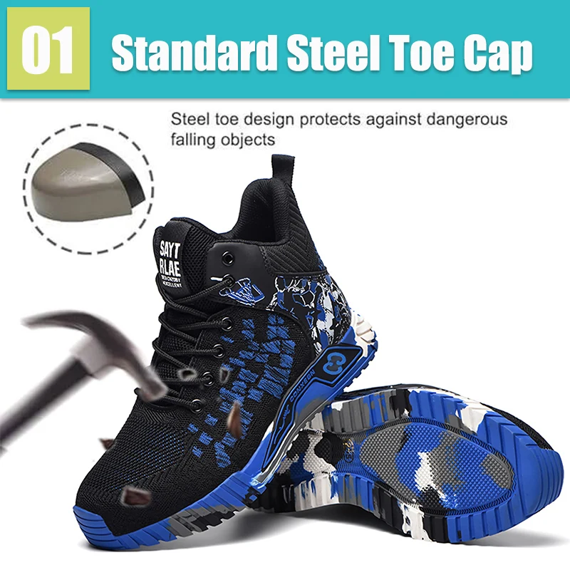 Blue Up Steel Toe High Top Boots Men Women Comfortable Breathabl Safety Boots Anti Smash Indestructible Construction Work Shoes