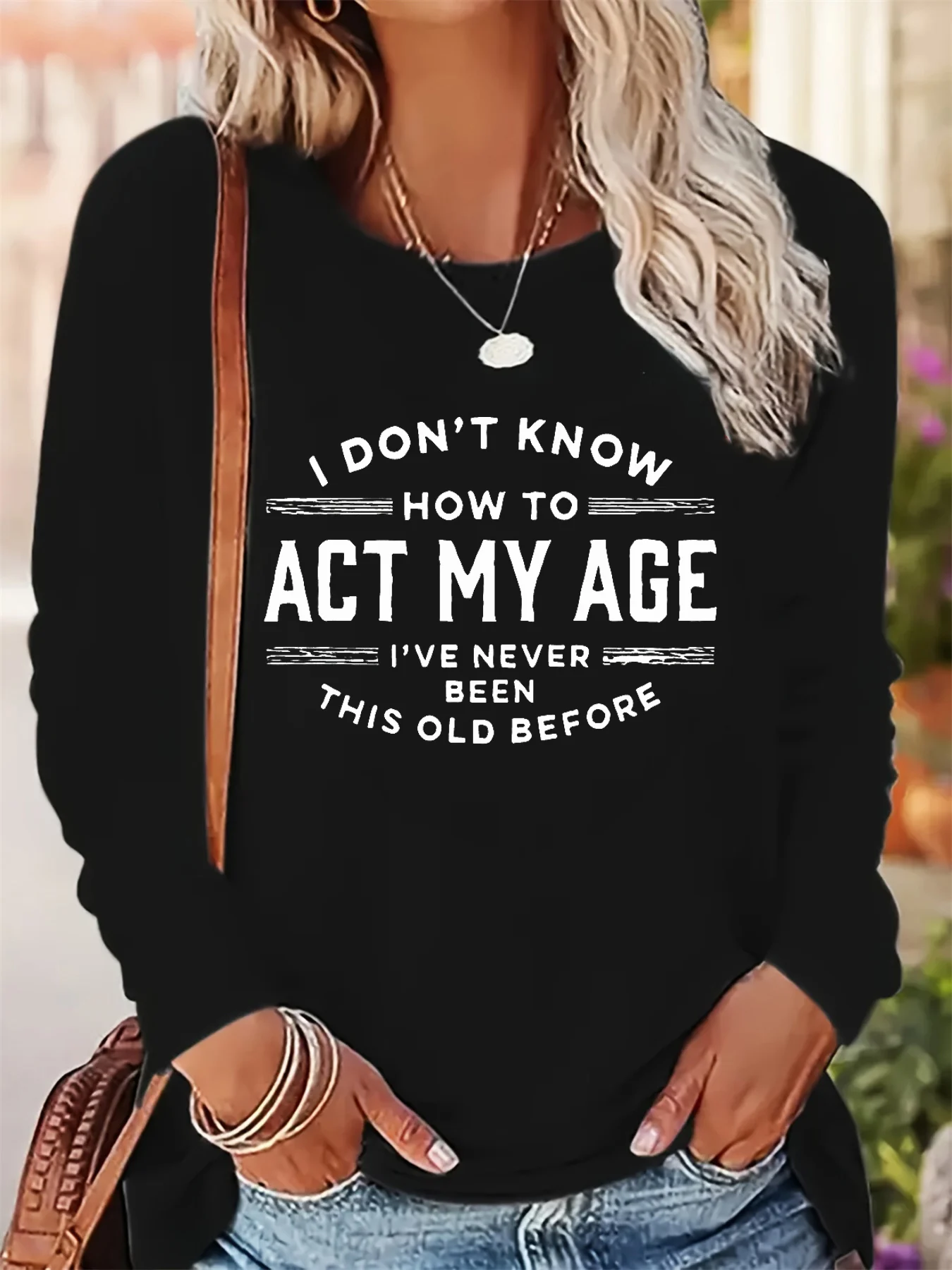 Damska koszulka z długim rękawem, okrągły dekolt, luźny krój, modny wzór z literami, 100% czysta bawełna, idealna na wiosnę i jesień.