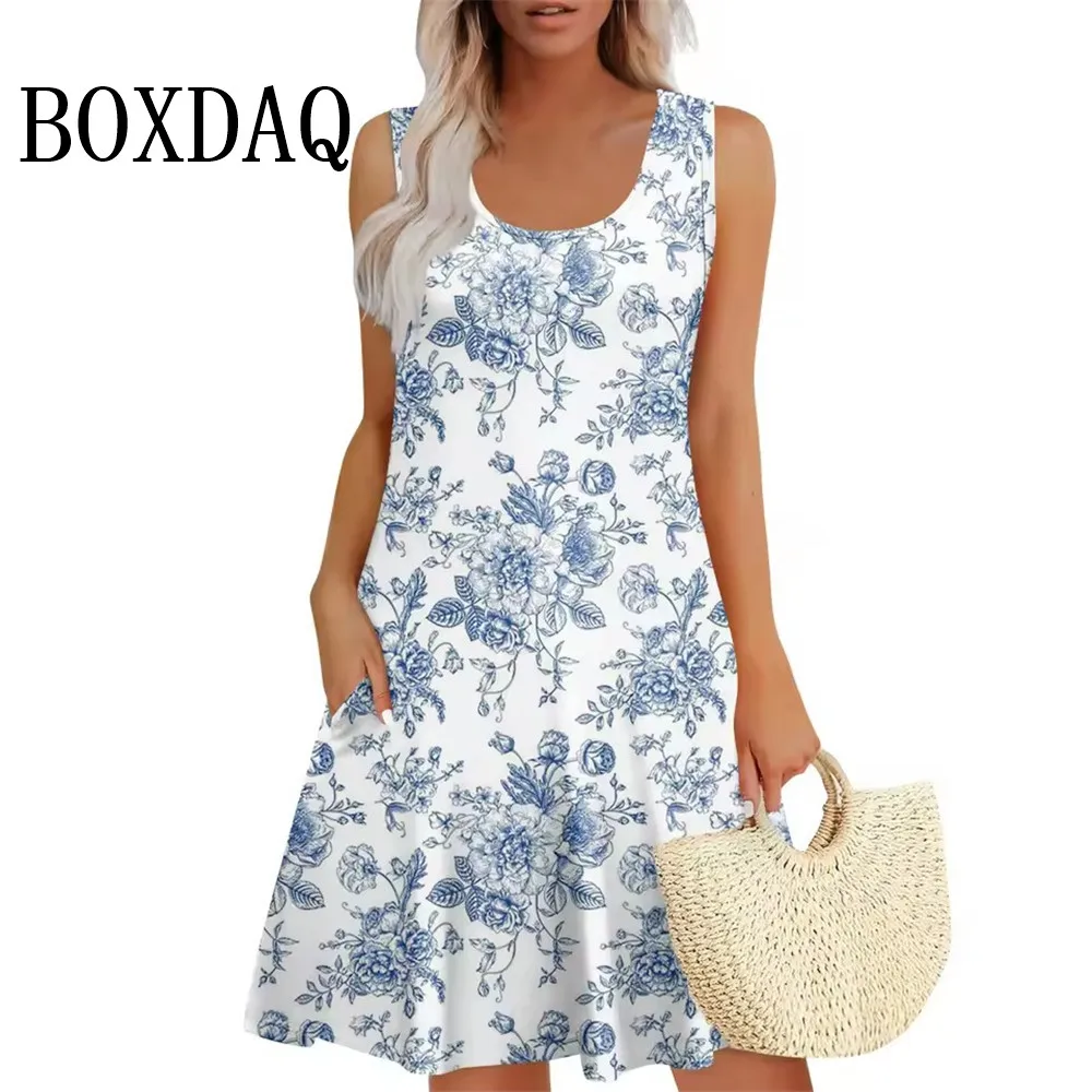 2025 New Womens Dresses Casual Summer Tank Boho Beach Short Dresses Vintage Flower 3D Printing Sleeveless Dresses Loose Sundress