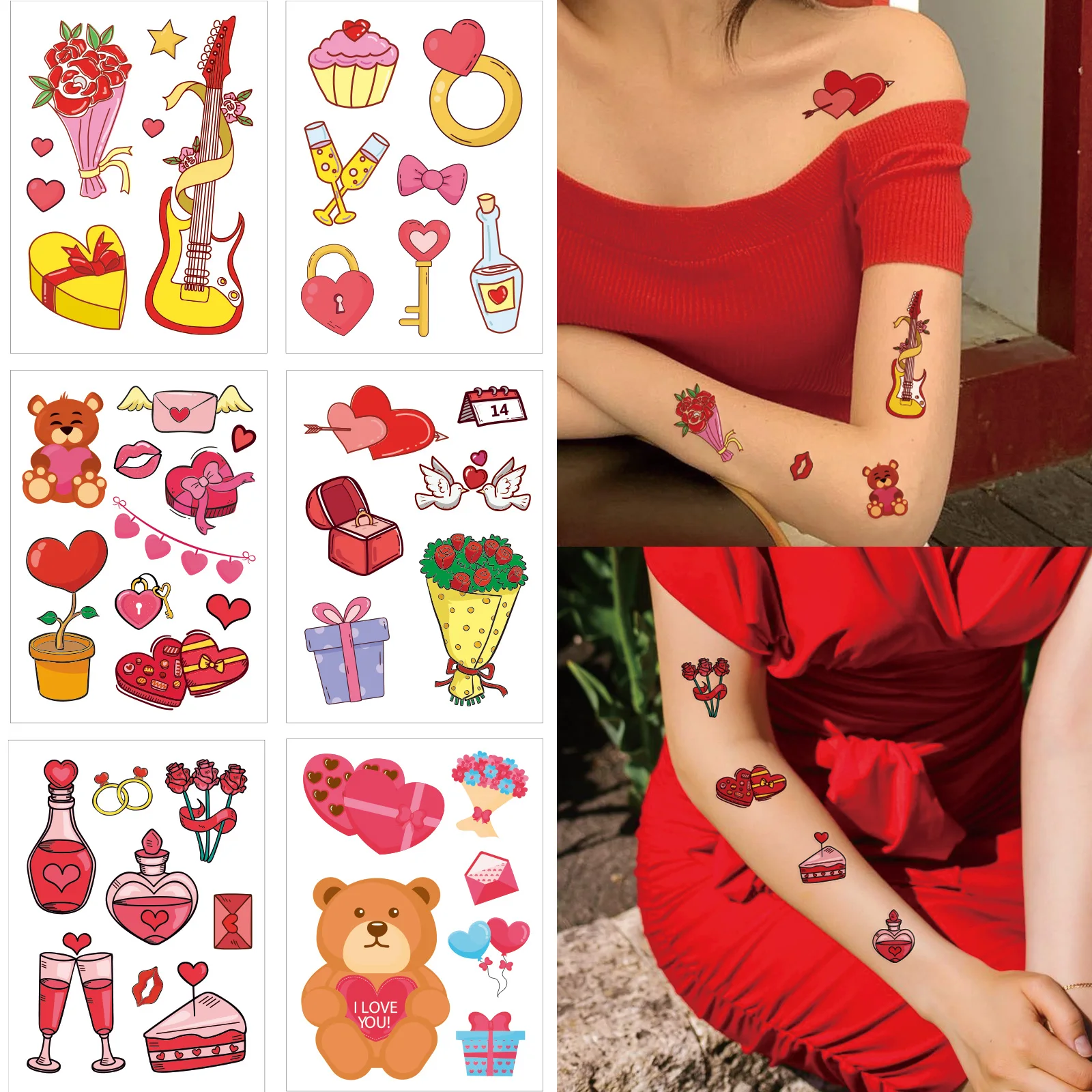 6 uds dulce Día de San Valentín tatuajes temporales Feliz Día de San Valentín rojo amor corazón beso ramo tatuaje pegatinas boda arte corporal